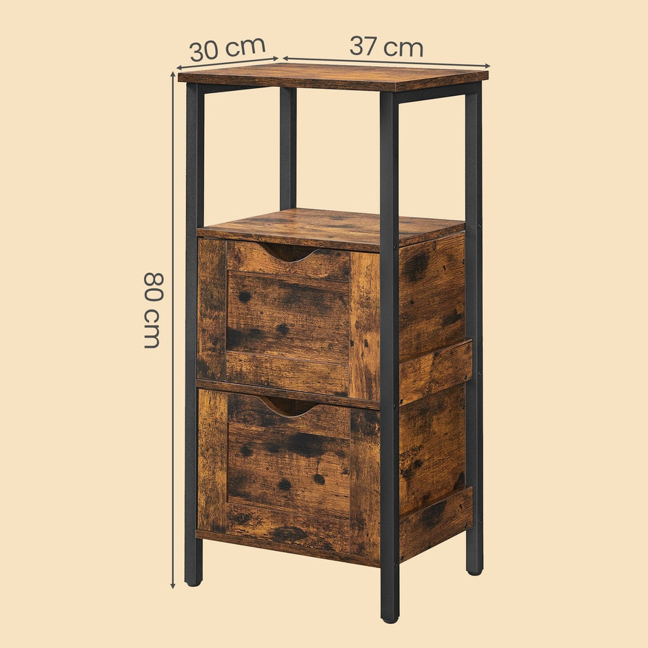 Storage Tower – Wood – Rustic Brown and Black – Slim Design with 3 Drawers and Open Compartment