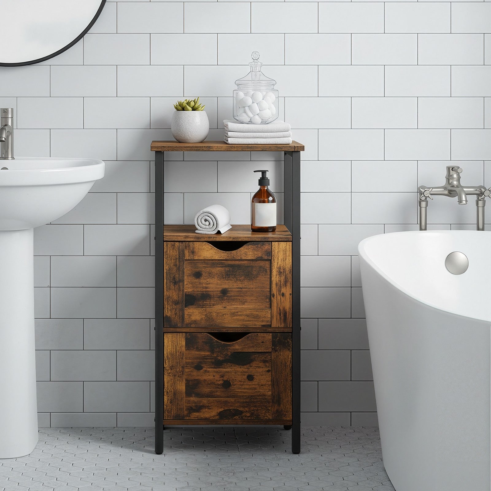 Storage Tower – Wood – Rustic Brown and Black – Slim Design with 3 Drawers and Open Compartment