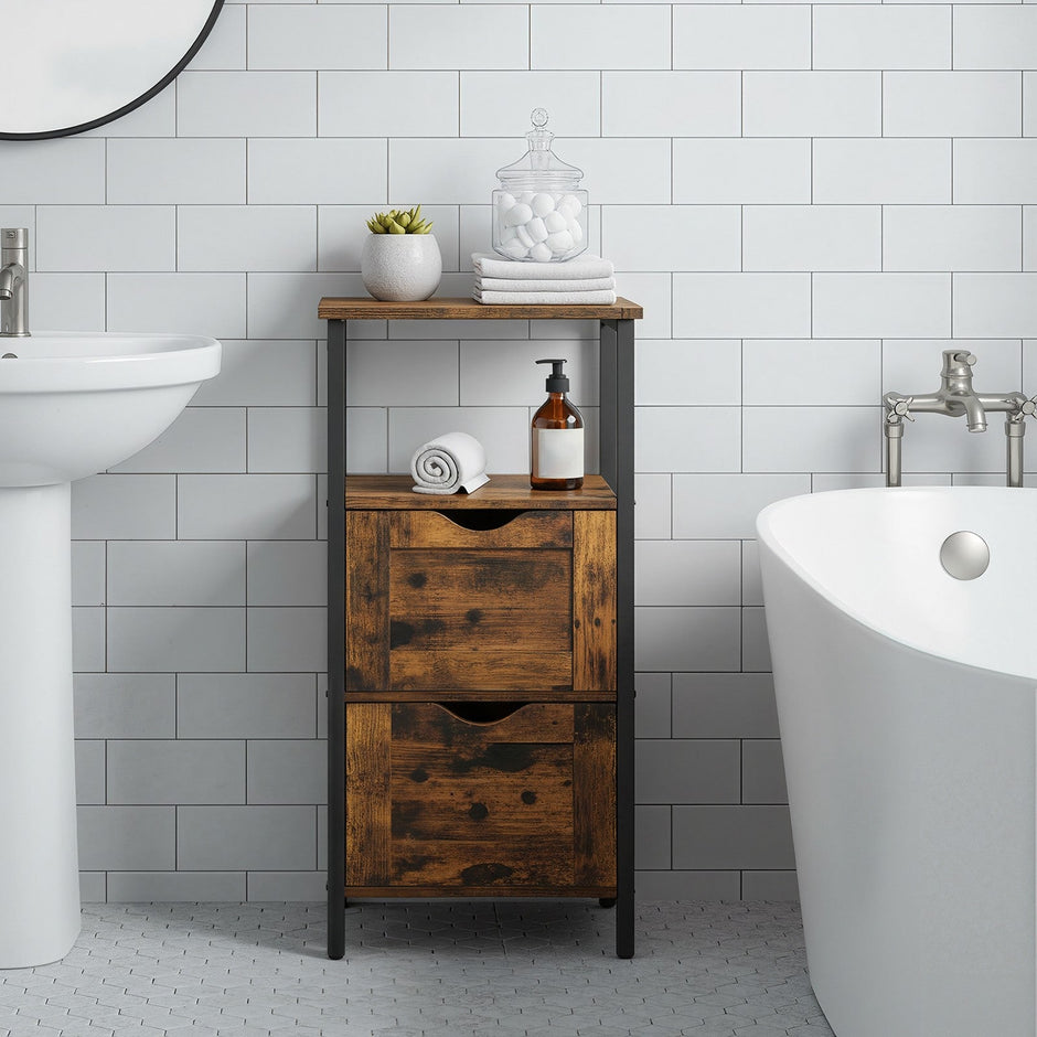 Storage Tower – Wood – Rustic Brown and Black – Slim Design with 3 Drawers and Open Compartment