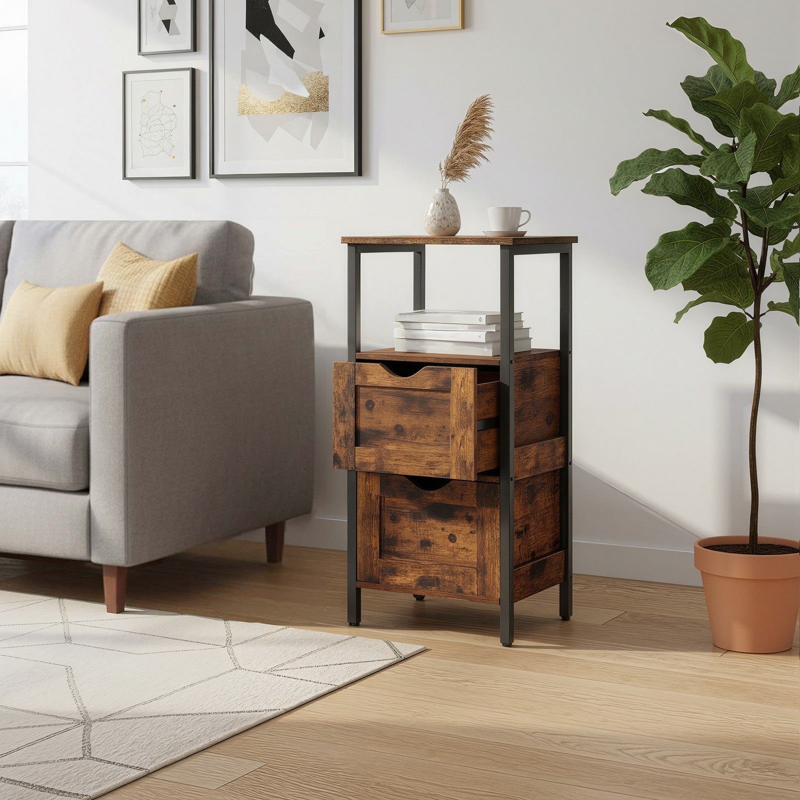 Storage Tower – Wood – Rustic Brown and Black – Slim Design with 3 Drawers and Open Compartment