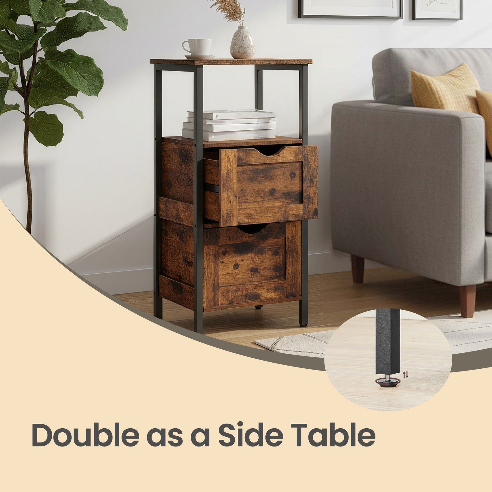 Storage Tower – Wood – Rustic Brown and Black – Slim Design with 3 Drawers and Open Compartment