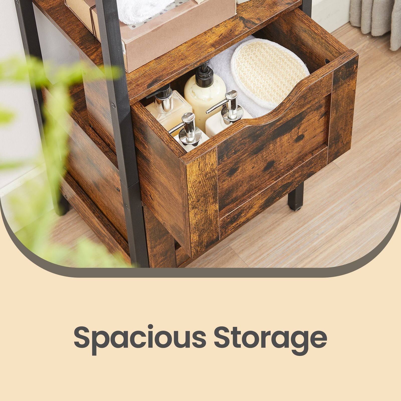 Storage Tower – Wood – Rustic Brown and Black – Slim Design with 3 Drawers and Open Compartment