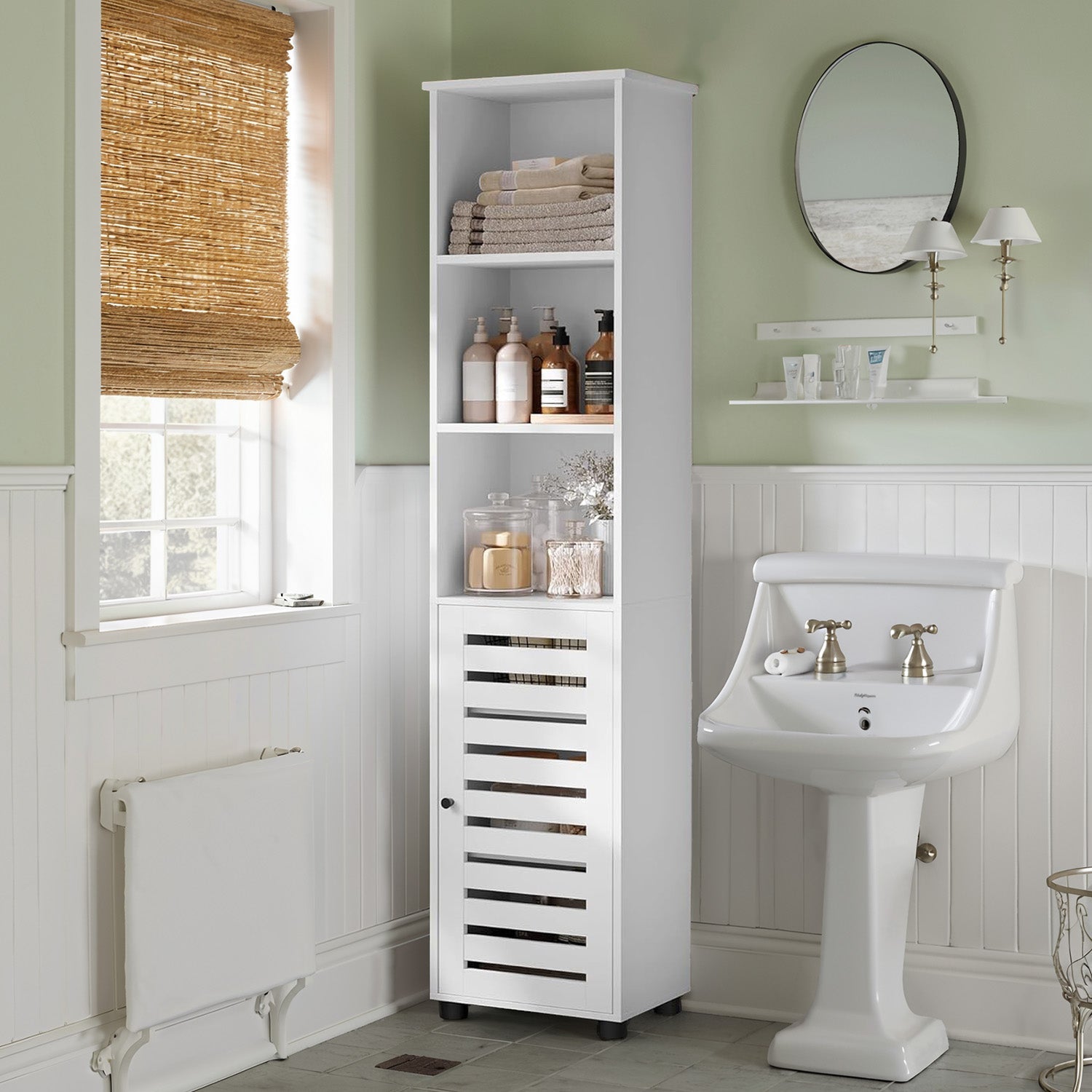 Tall Bathroom Storage Cabinet – Engineered Wood – Rustic Brown – 3 Open Compartments, 2 Adjustable Shelves