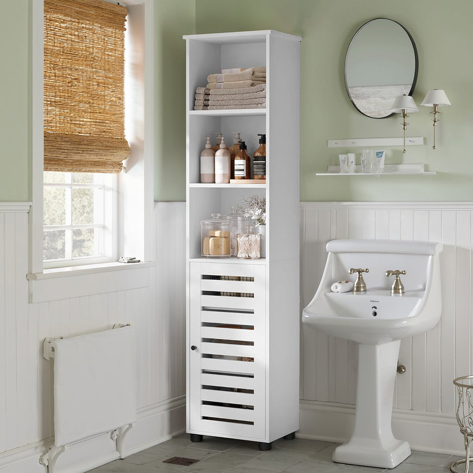 Tall Bathroom Storage Cabinet – Engineered Wood – Rustic Brown – 3 Open Compartments, 2 Adjustable Shelves