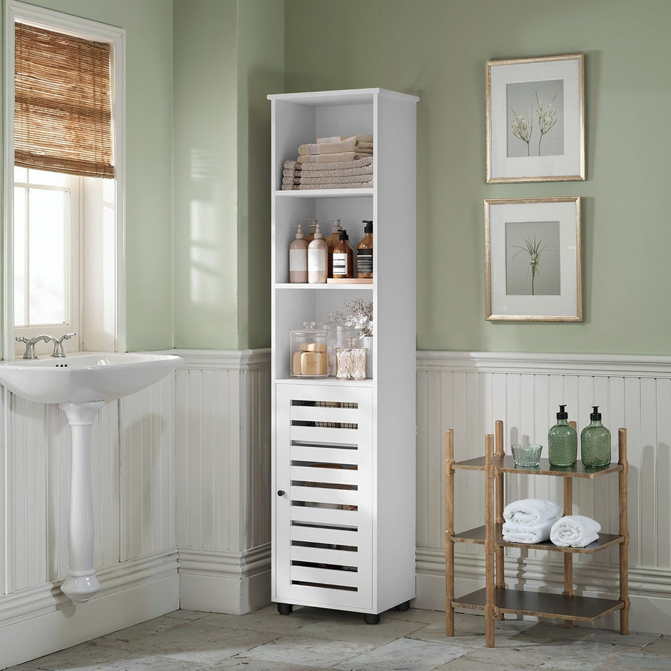 Tall Bathroom Storage Cabinet – Engineered Wood – Rustic Brown – 3 Open Compartments, 2 Adjustable Shelves