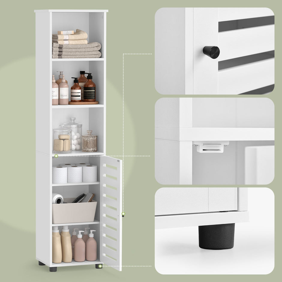 Tall Bathroom Storage Cabinet – Engineered Wood – Rustic Brown – 3 Open Compartments, 2 Adjustable Shelves