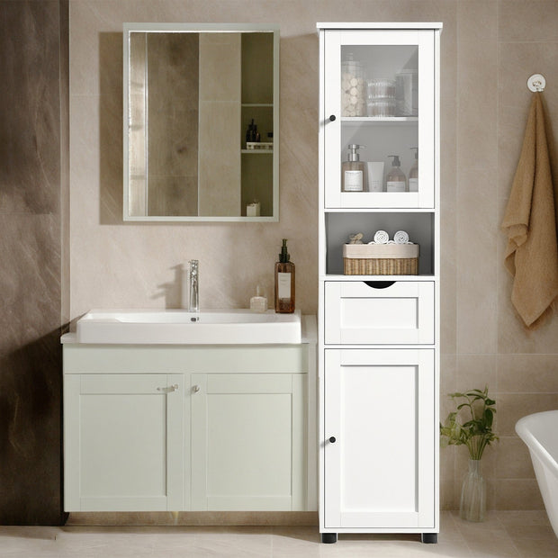 Tall Bathroom Storage Cabinet – Wood – Cloud White – Adjustable Shelves, Glass Door, Space Saver