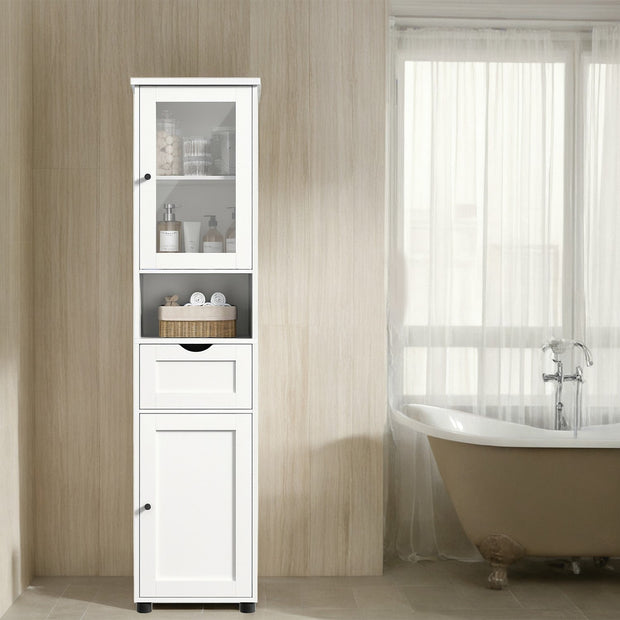 Tall Bathroom Storage Cabinet – Wood – Cloud White – Adjustable Shelves, Glass Door, Space Saver