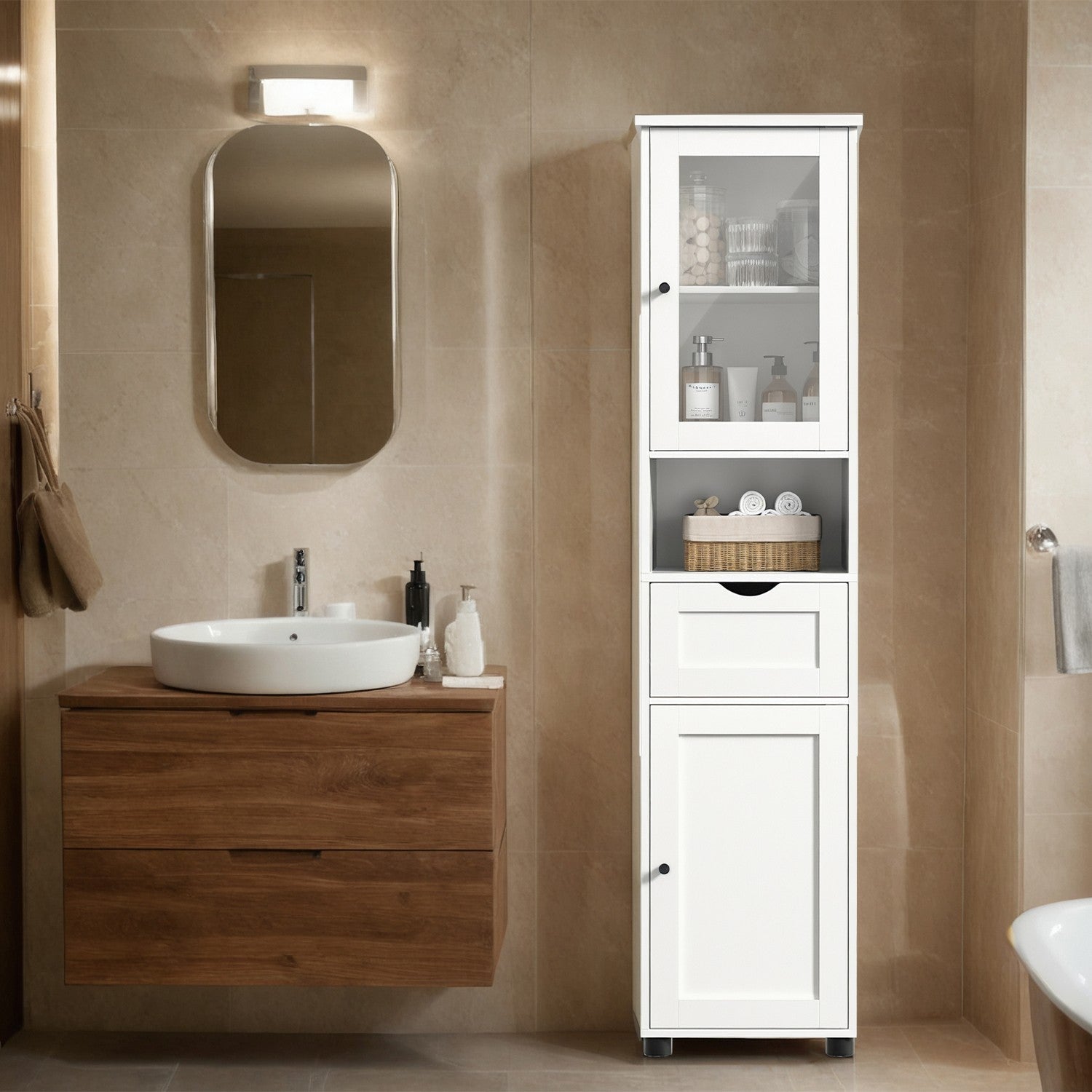 Tall Bathroom Storage Cabinet – Wood – Cloud White – Adjustable Shelves, Glass Door, Space Saver
