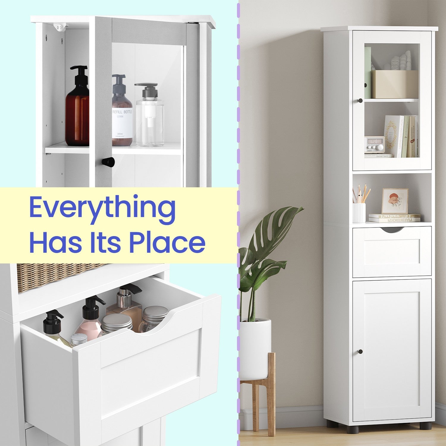 Tall Bathroom Storage Cabinet – Wood – Cloud White – Adjustable Shelves, Glass Door, Space Saver