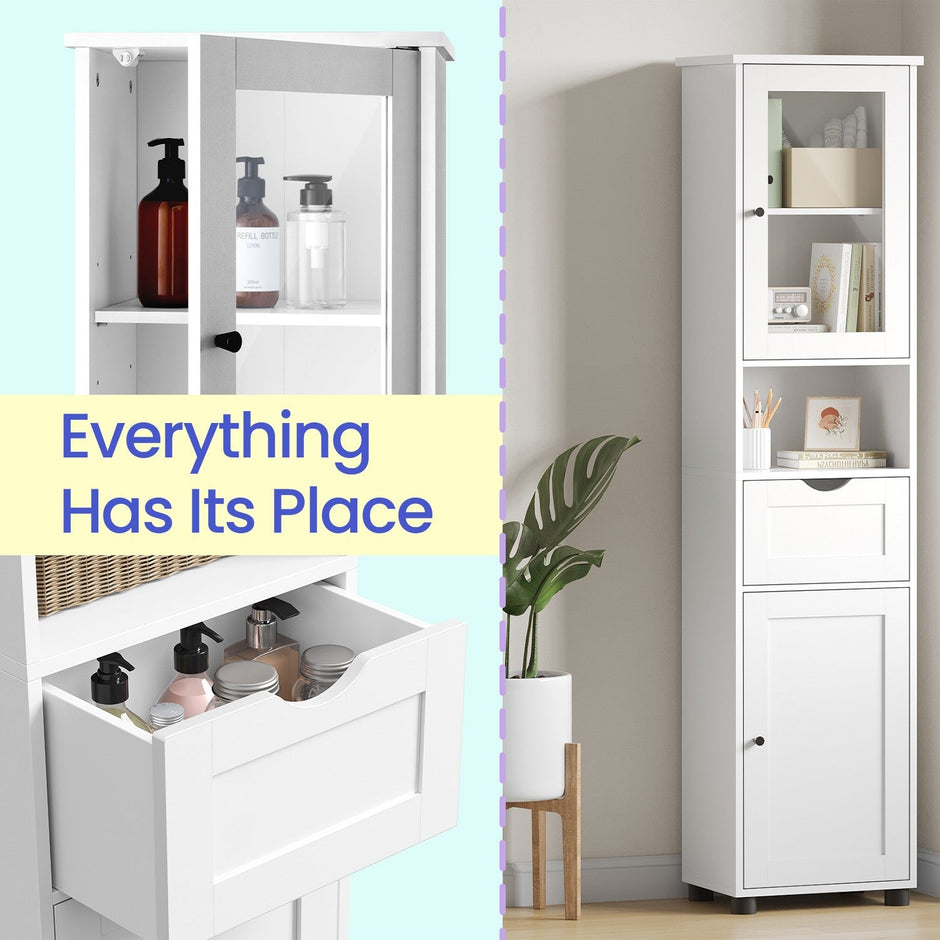 Tall Bathroom Storage Cabinet – Wood – Cloud White – Adjustable Shelves, Glass Door, Space Saver
