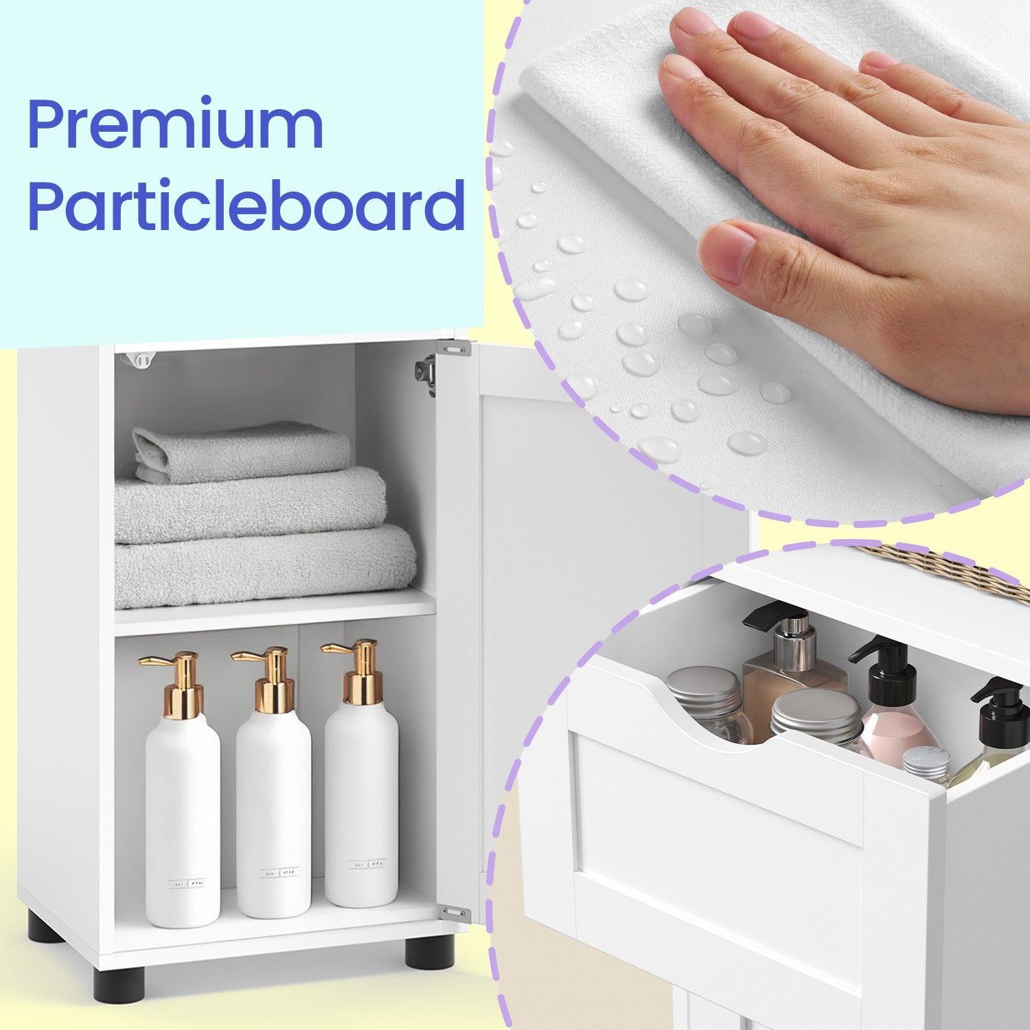 Tall Bathroom Storage Cabinet – Wood – Cloud White – Adjustable Shelves, Glass Door, Space Saver
