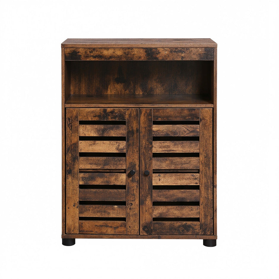 4-Tier Storage Shelf – Wood – Rustic Brown – Adjustable Shelves and Louvered Doors