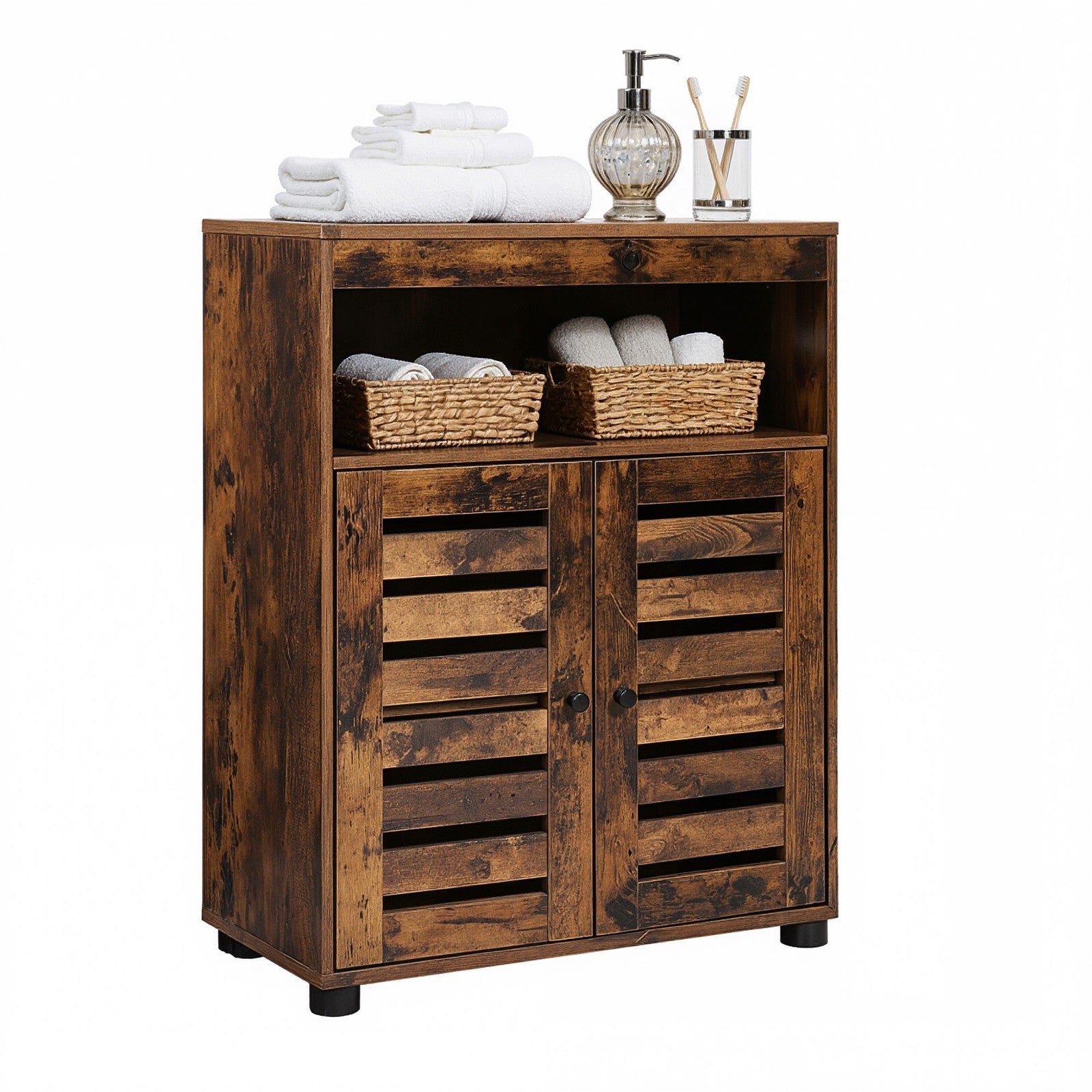 4-Tier Storage Shelf – Wood – Rustic Brown – Adjustable Shelves and Louvered Doors