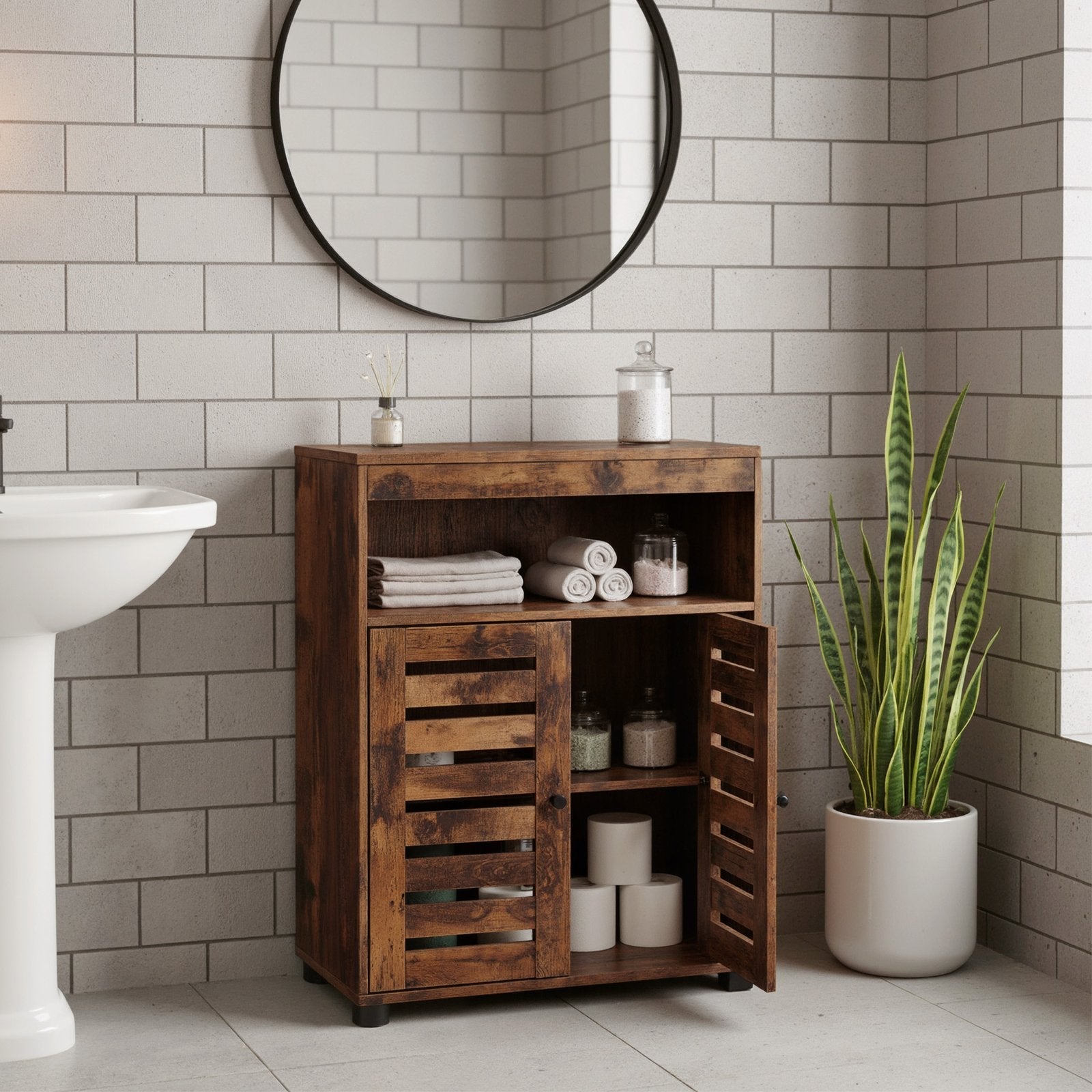 4-Tier Storage Shelf – Wood – Rustic Brown – Adjustable Shelves and Louvered Doors