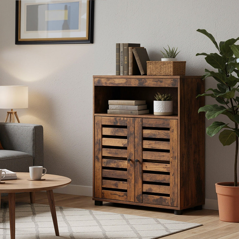 4-Tier Storage Shelf – Wood – Rustic Brown – Adjustable Shelves and Louvered Doors