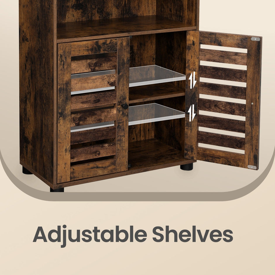 4-Tier Storage Shelf – Wood – Rustic Brown – Adjustable Shelves and Louvered Doors