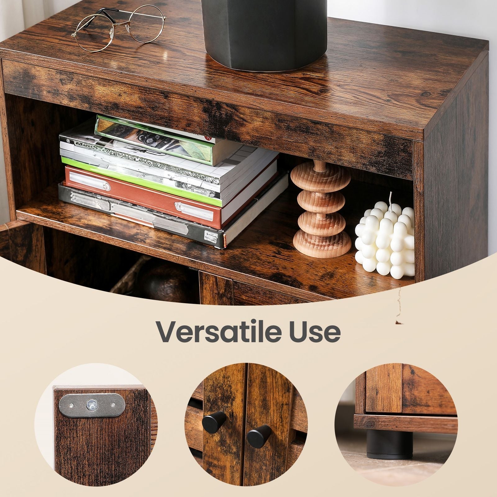 4-Tier Storage Shelf – Wood – Rustic Brown – Adjustable Shelves and Louvered Doors