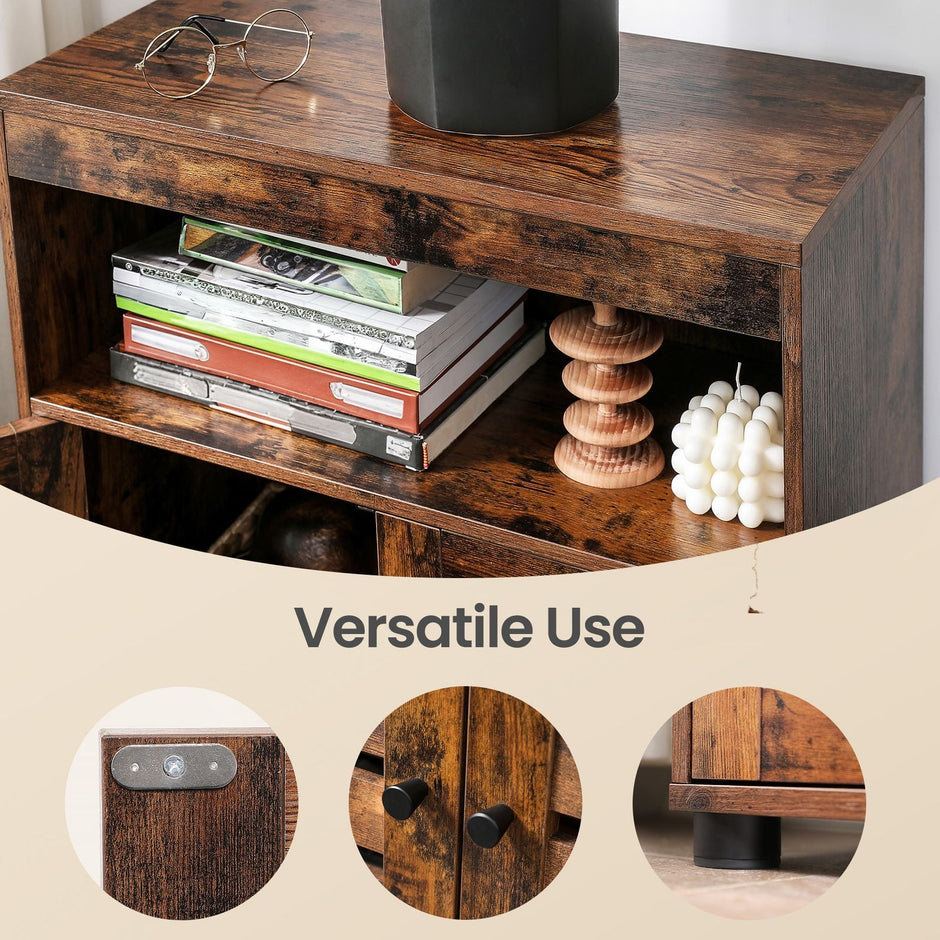 4-Tier Storage Shelf – Wood – Rustic Brown – Adjustable Shelves and Louvered Doors