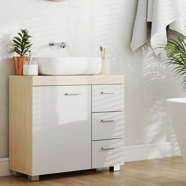 Under Sink Bathroom Cabinet – Wood – Cloud White and Dove Grey – 3 Drawer Storage Solution for Washbasins with Pedestal