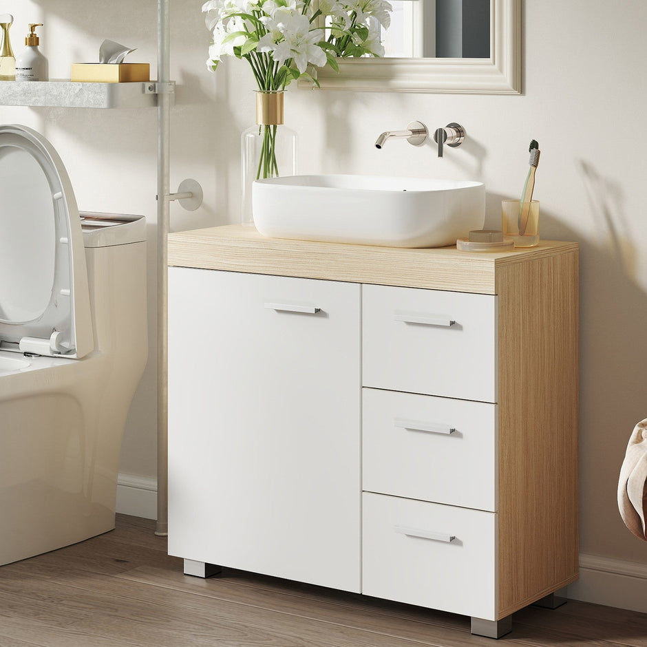 Under Sink Bathroom Cabinet – Wood – Cloud White and Dove Grey – 3 Drawer Storage Solution for Washbasins with Pedestal