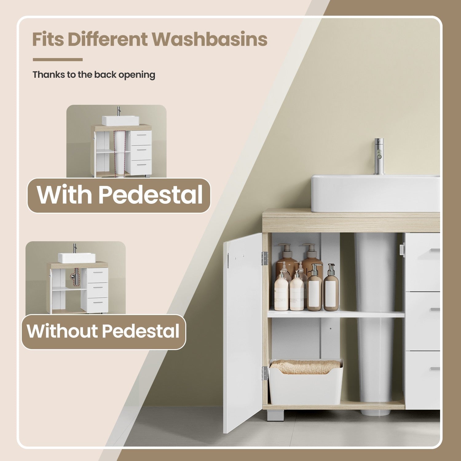 Under Sink Bathroom Cabinet – Wood – Cloud White and Dove Grey – 3 Drawer Storage Solution for Washbasins with Pedestal