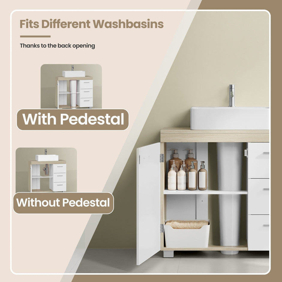 Under Sink Bathroom Cabinet – Wood – Cloud White and Dove Grey – 3 Drawer Storage Solution for Washbasins with Pedestal