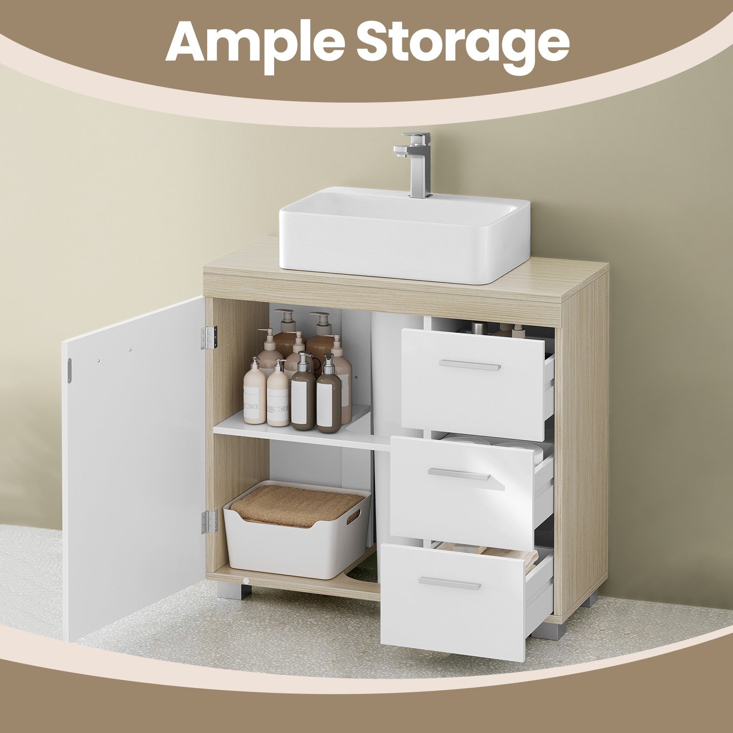 Under Sink Bathroom Cabinet – Wood – Cloud White and Dove Grey – 3 Drawer Storage Solution for Washbasins with Pedestal