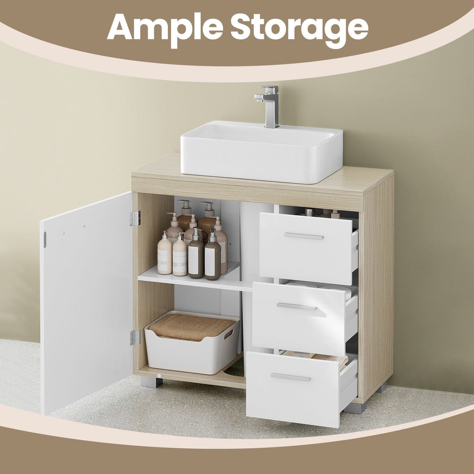 Under Sink Bathroom Cabinet – Wood – Cloud White and Dove Grey – 3 Drawer Storage Solution for Washbasins with Pedestal