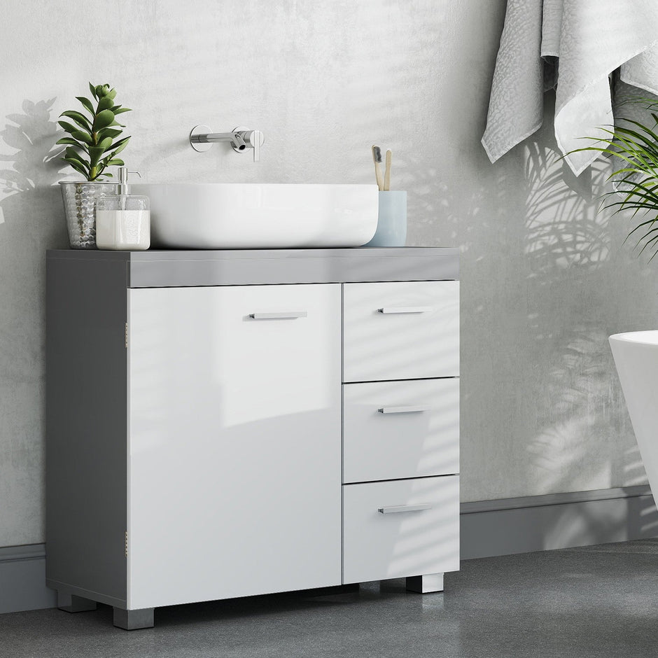 Under Sink Bathroom Cabinet – Wood – Cloud White and Dove Grey – 3 Drawer Storage Solution for Washbasins with Pedestal