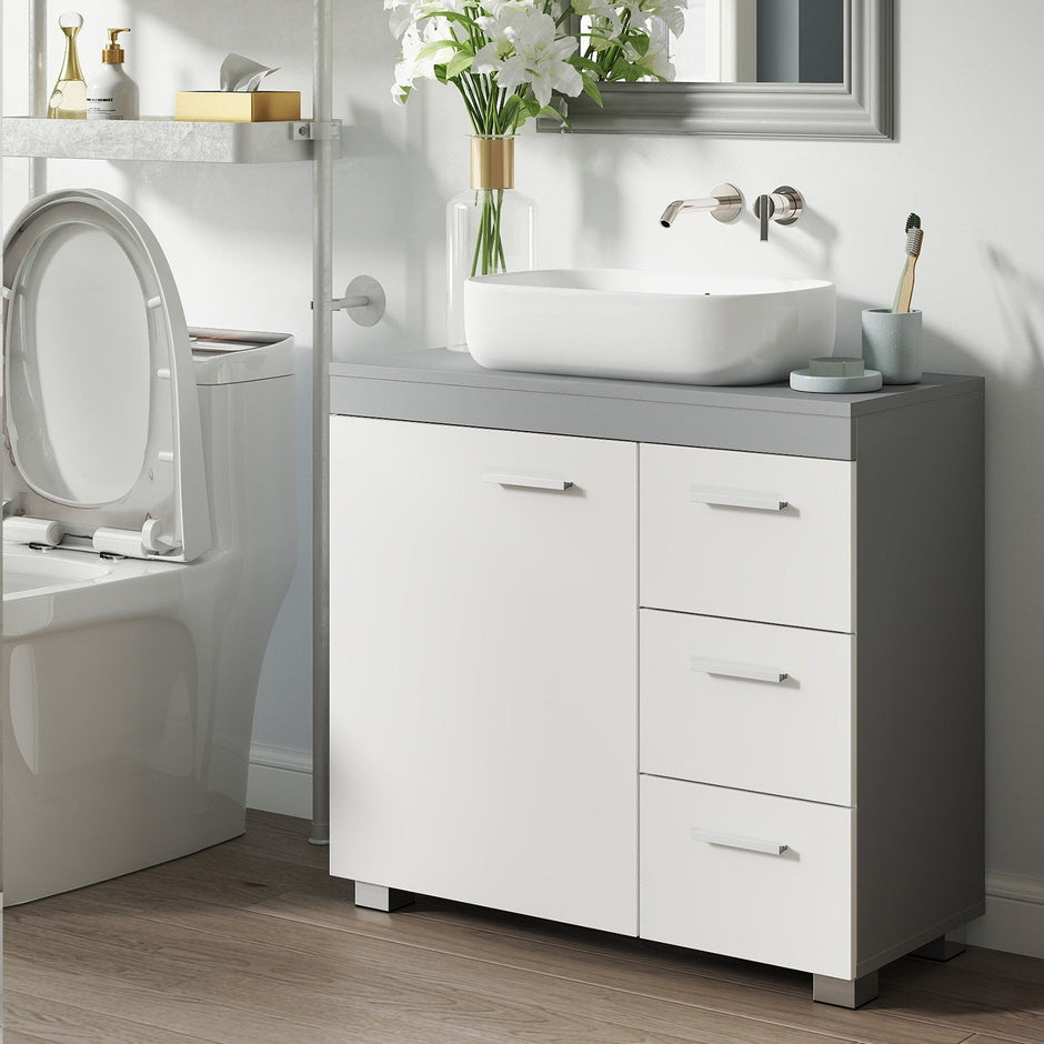 Under Sink Bathroom Cabinet – Wood – Cloud White and Dove Grey – 3 Drawer Storage Solution for Washbasins with Pedestal