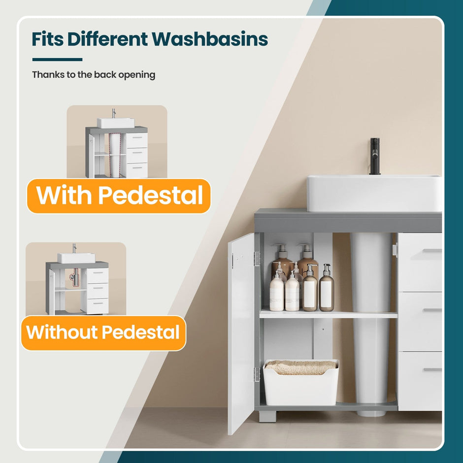 Under Sink Bathroom Cabinet – Wood – Cloud White and Dove Grey – 3 Drawer Storage Solution for Washbasins with Pedestal