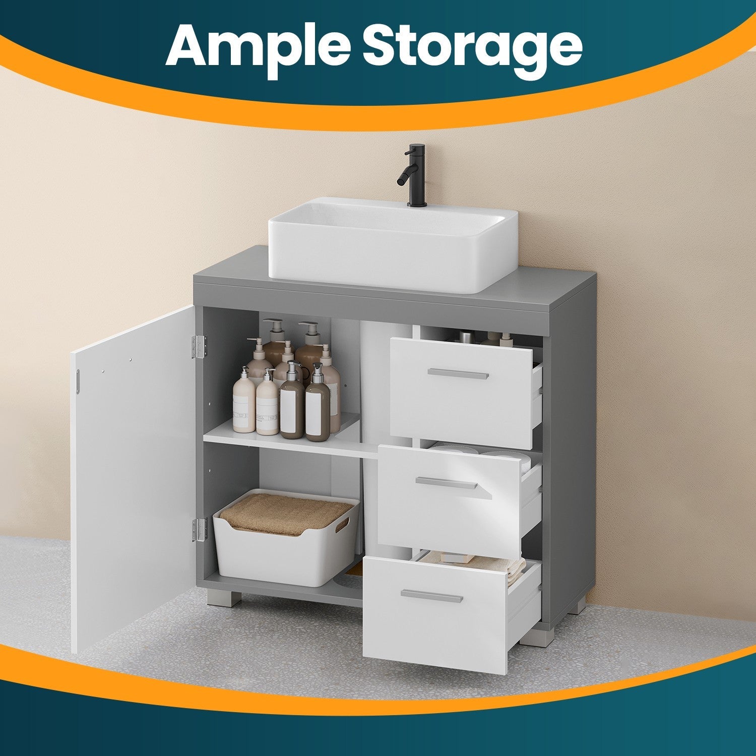 Under Sink Bathroom Cabinet – Wood – Cloud White and Dove Grey – 3 Drawer Storage Solution for Washbasins with Pedestal