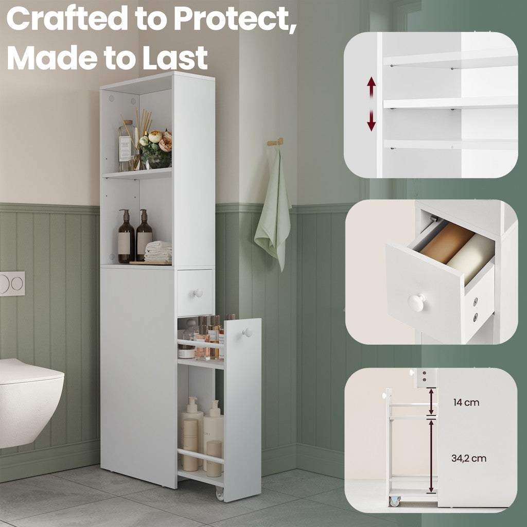 Tall Bathroom Storage Cabinet – Wood – Classic White – Freestanding with Storage Drawers and Adjustable Shelf