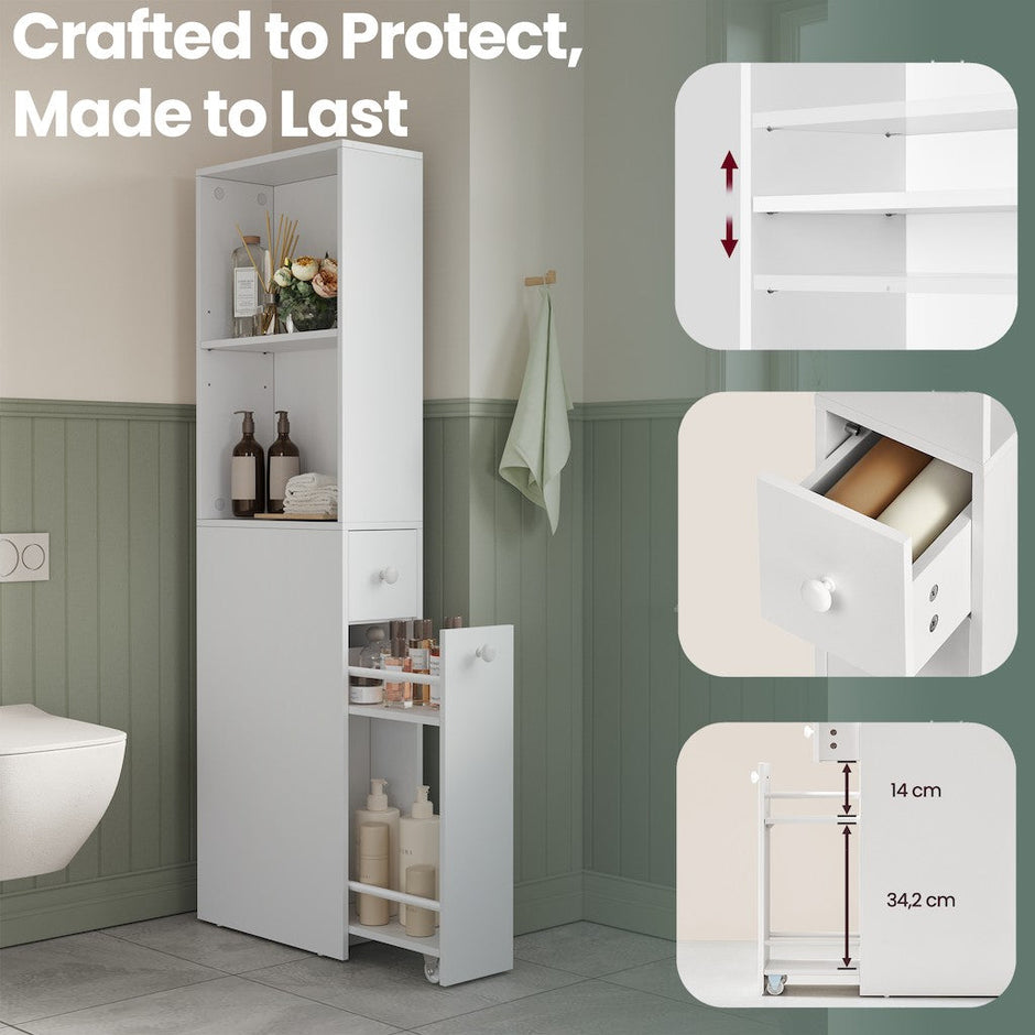 Tall Bathroom Storage Cabinet – Wood – Classic White – Freestanding with Storage Drawers and Adjustable Shelf