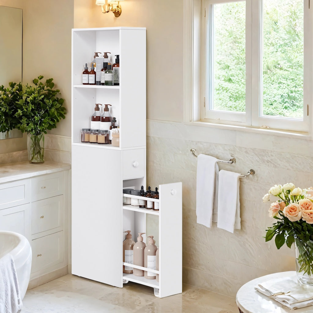 Tall Bathroom Storage Cabinet – Wood – Classic White – Freestanding with Storage Drawers and Adjustable Shelf