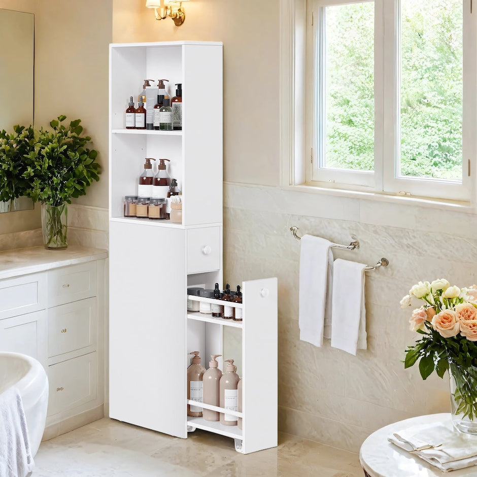Tall Bathroom Storage Cabinet – Wood – Classic White – Freestanding with Storage Drawers and Adjustable Shelf