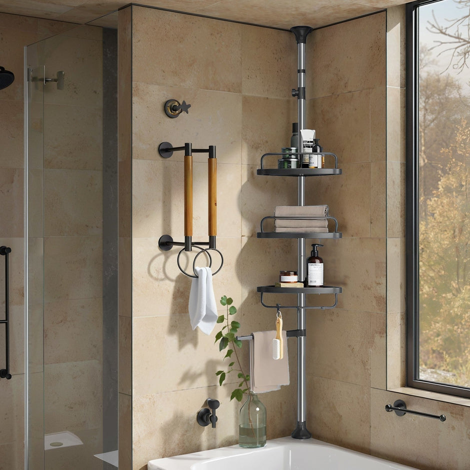 Telescopic Corner Shower Shelf – Stainless Steel – White and Silver – Adjustable with 4 Trays, 3 Hooks, and 1 Towel Bar