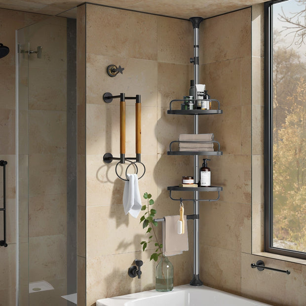 Telescopic Corner Shower Shelf – Stainless Steel – White and Silver – Adjustable with 4 Trays, 3 Hooks, and 1 Towel Bar