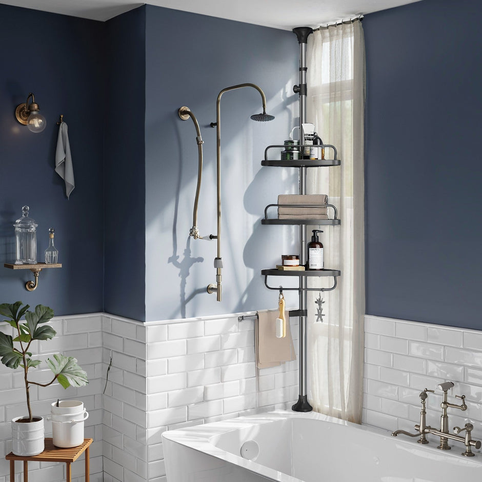 Telescopic Corner Shower Shelf – Stainless Steel – White and Silver – Adjustable with 4 Trays, 3 Hooks, and 1 Towel Bar
