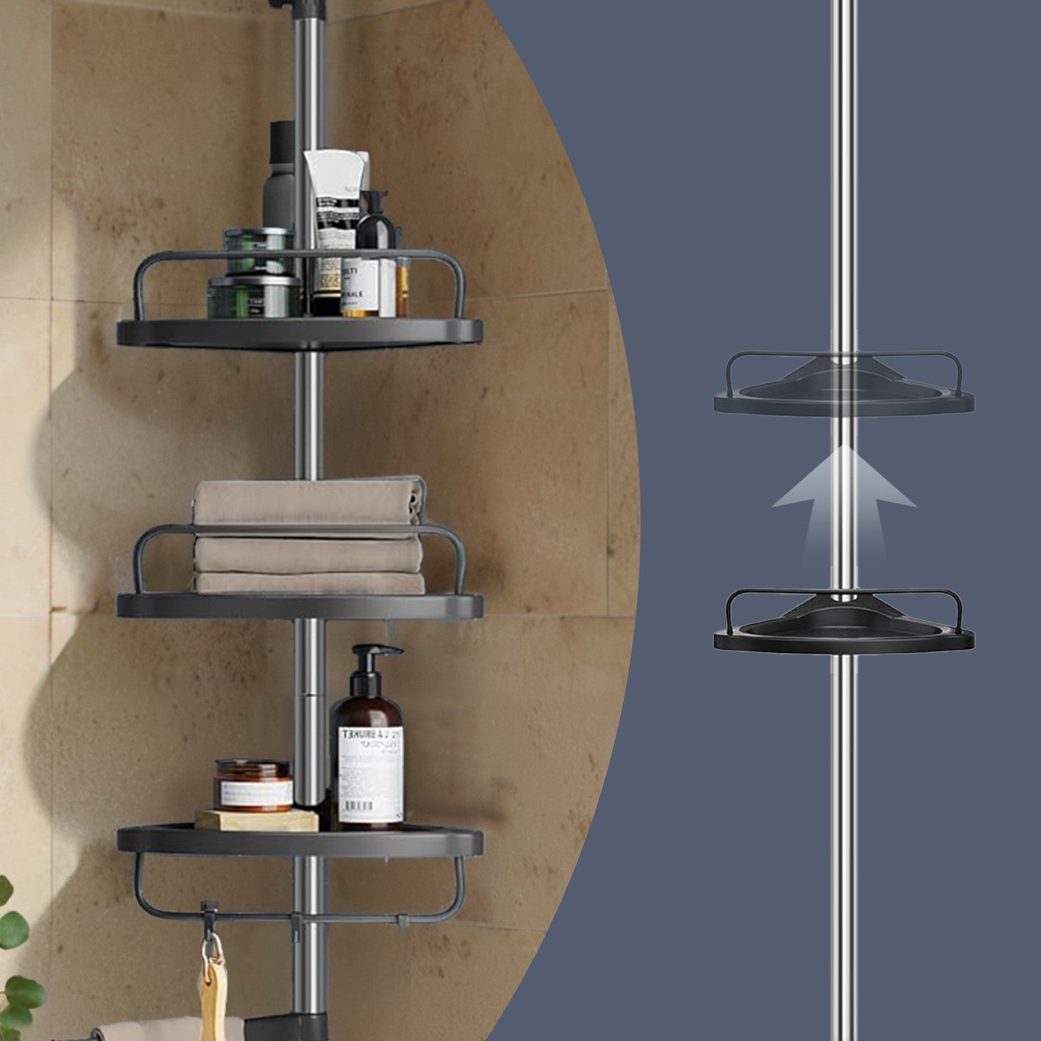 Telescopic Corner Shower Shelf – Stainless Steel – White and Silver – Adjustable with 4 Trays, 3 Hooks, and 1 Towel Bar