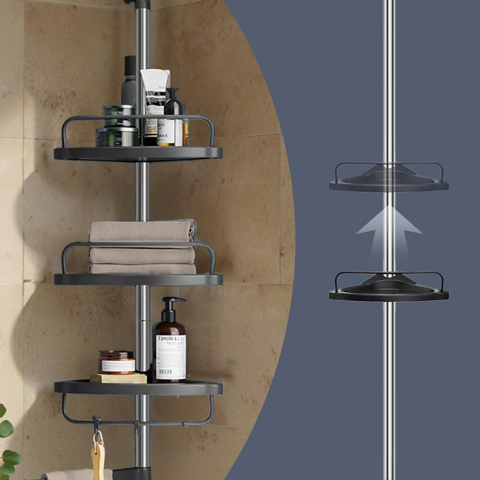 Telescopic Corner Shower Shelf – Stainless Steel – White and Silver – Adjustable with 4 Trays, 3 Hooks, and 1 Towel Bar