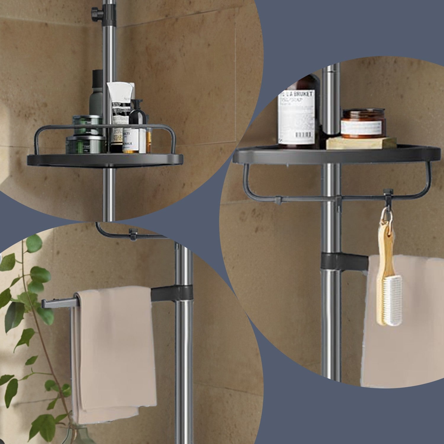 Telescopic Corner Shower Shelf – Stainless Steel – White and Silver – Adjustable with 4 Trays, 3 Hooks, and 1 Towel Bar