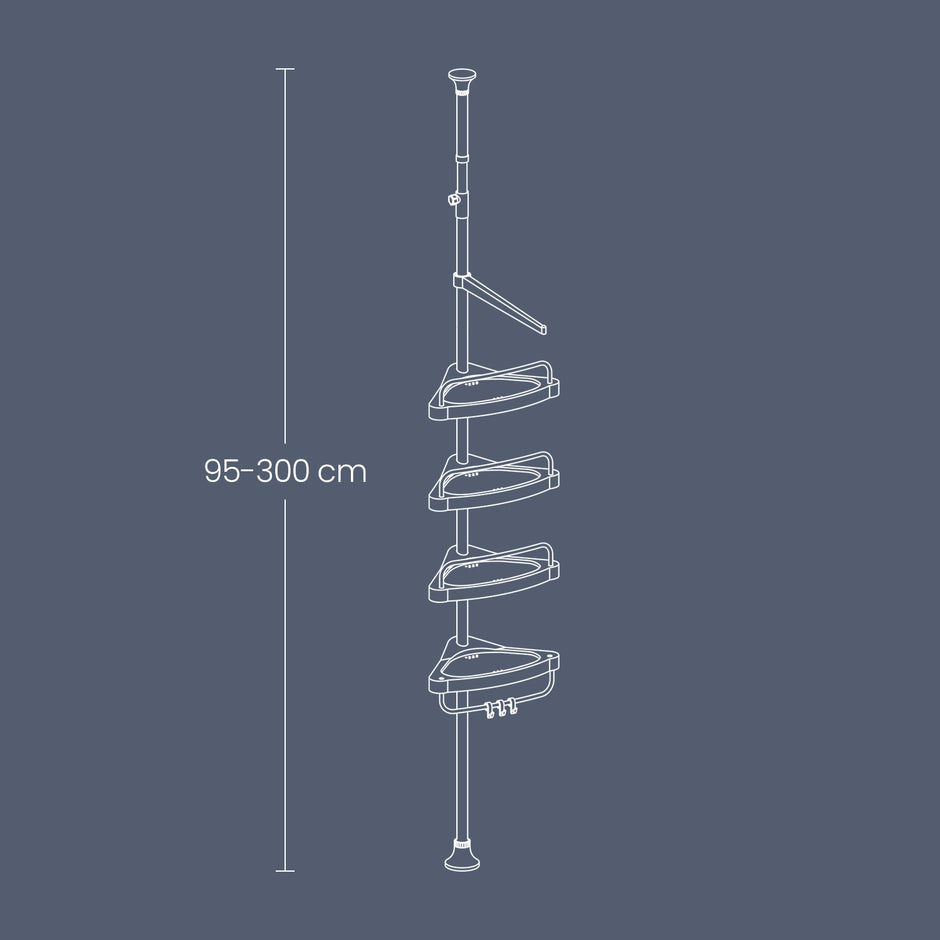 Telescopic Corner Shower Shelf – Stainless Steel – White and Silver – Adjustable with 4 Trays, 3 Hooks, and 1 Towel Bar