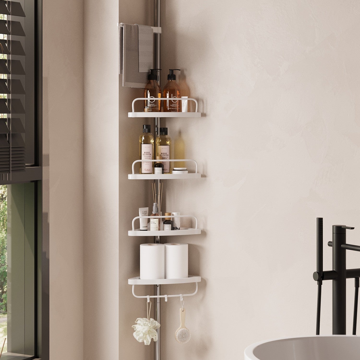 Telescopic Corner Shower Caddy – Stainless Steel – White – Adjustable with 4 Shelves, 3 Hooks, and 1 Towel Bar