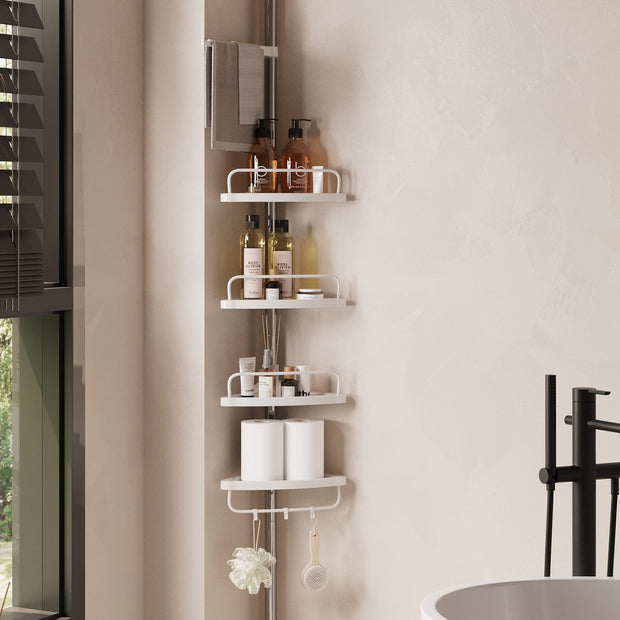 Telescopic Corner Shower Caddy – Stainless Steel – White – Adjustable with 4 Shelves, 3 Hooks, and 1 Towel Bar