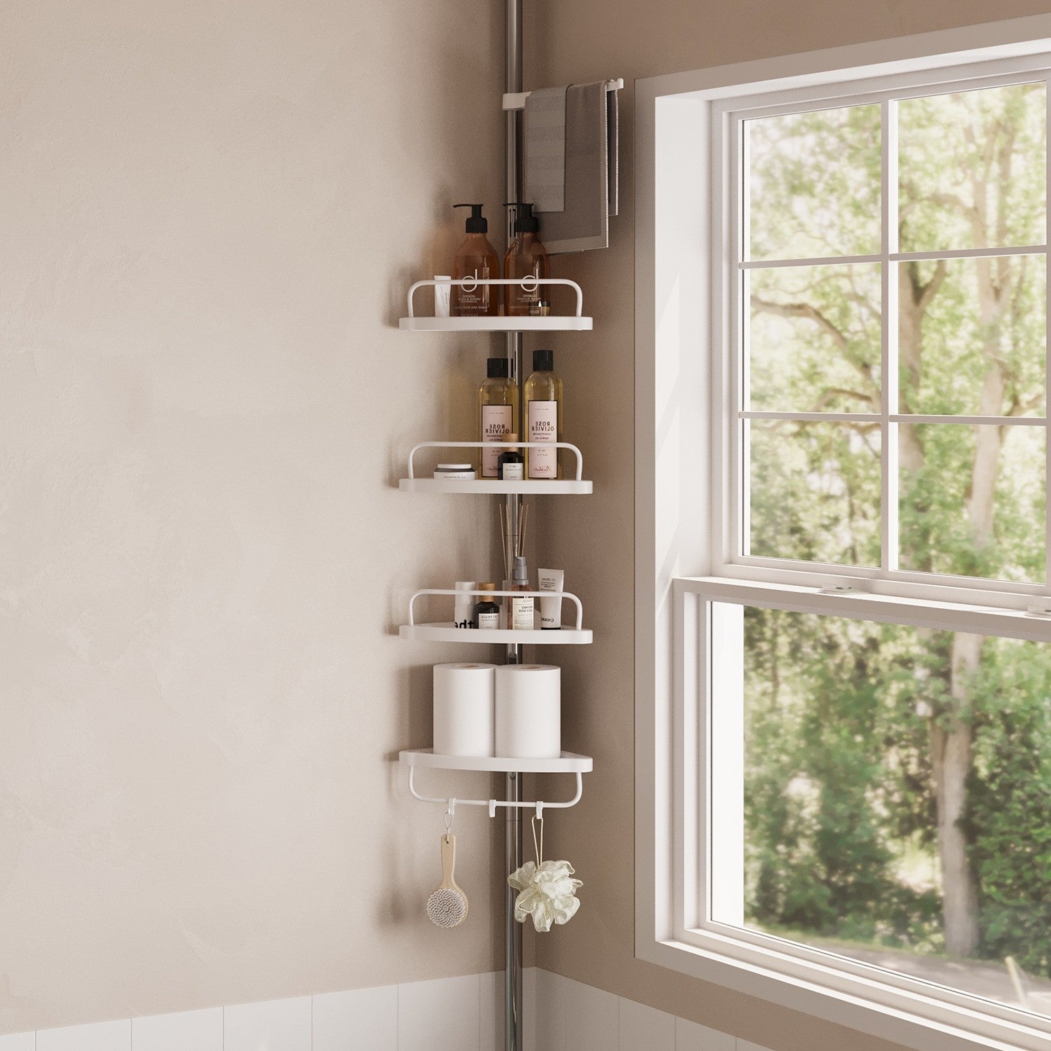 Telescopic Corner Shower Caddy – Stainless Steel – White – Adjustable with 4 Shelves, 3 Hooks, and 1 Towel Bar