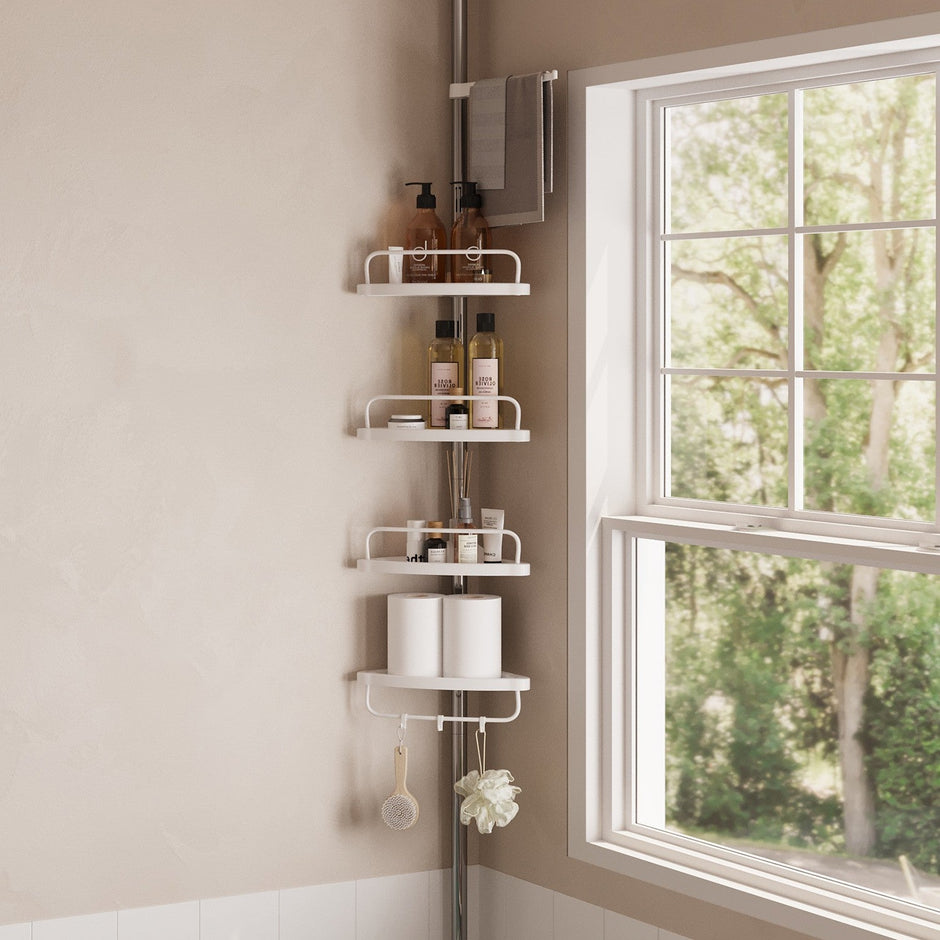 Telescopic Corner Shower Caddy – Stainless Steel – White – Adjustable with 4 Shelves, 3 Hooks, and 1 Towel Bar