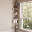 Telescopic Corner Shower Caddy – Stainless Steel – White – Adjustable with 4 Shelves, 3 Hooks, and 1 Towel Bar