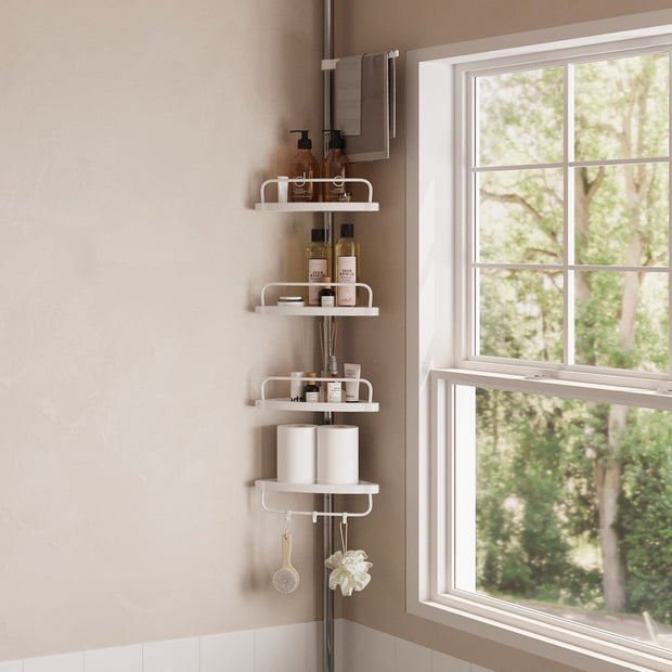 Telescopic Corner Shower Caddy – Stainless Steel – White – Adjustable with 4 Shelves, 3 Hooks, and 1 Towel Bar